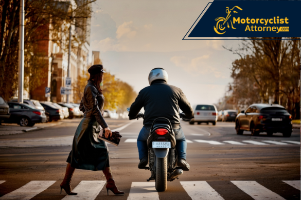 A woman crosses the street while a motorcyclist approaches at a crosswalk, symbolizing the shared risks between pedestrians and riders in urban settings. The image relates to the fatal Santa Ana crash involving a motorcycle and pedestrian, as reported by Motorcyclist Attorney.