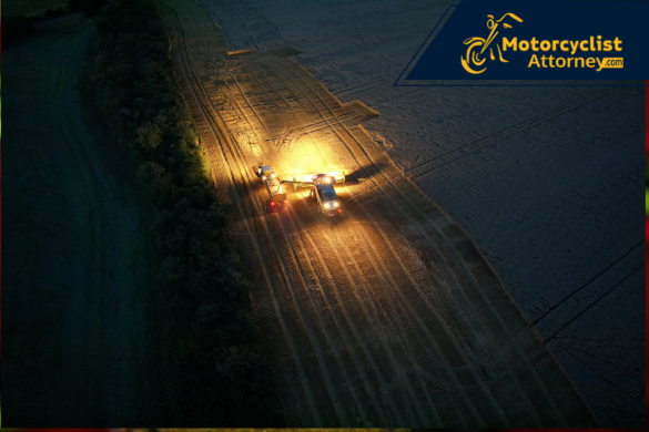 Vista aérea nocturna de un campo iluminado por luces de maquinaria pesada, simbolizando la oscuridad y el riesgo de accidentes en entornos poco iluminados. La imagen acompaña el informe sobre el motociclista fallecido en un accidente nocturno en Fullerton, como reporta Motorcyclist Attorney.