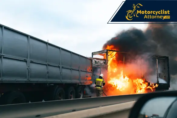 Firefighter battling fire in the back of a truck on the highway.